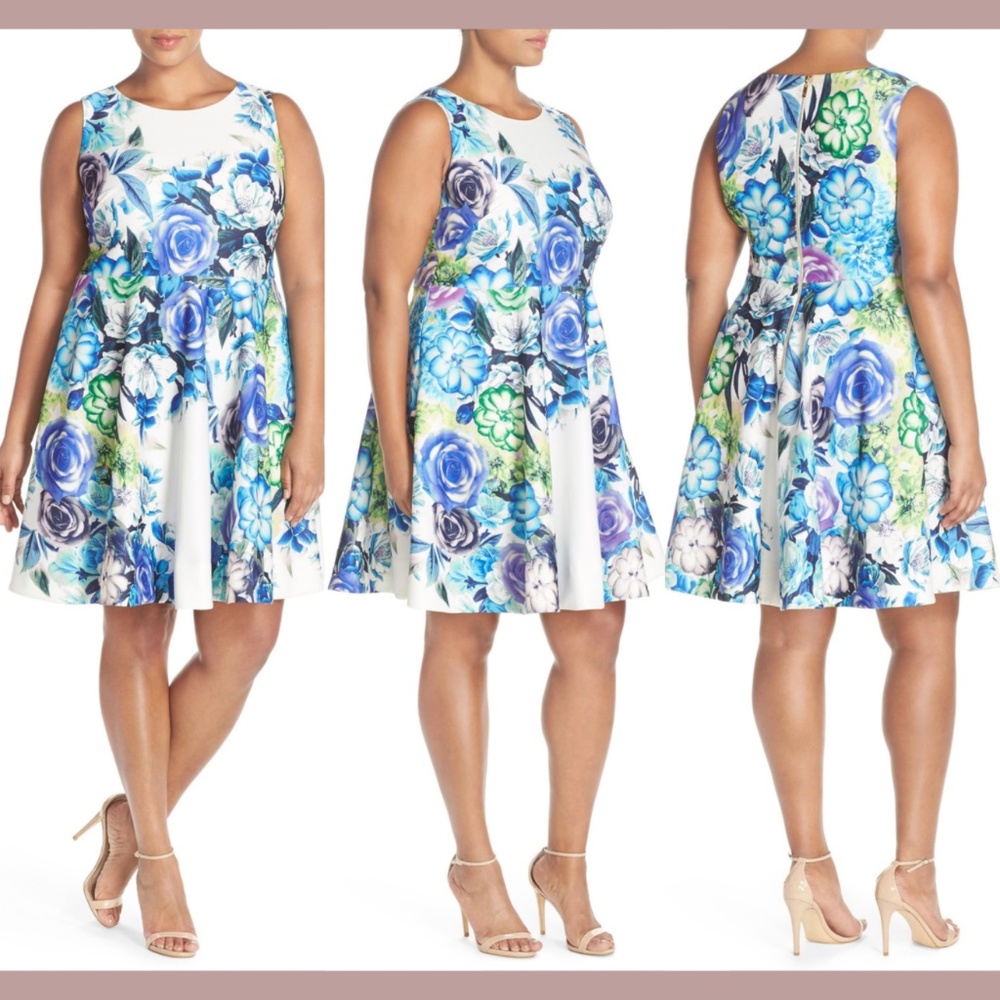 NWT Eliza J [ PLUS 18W ] Floral‎ Print Scuba Fit & Flare Dress White